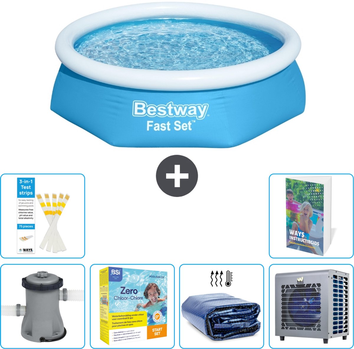 Bestway Rond Opblaasbaar Fast Set Zwembad - 244 x 61 cm - Blauw - Inclusief Pomp - Onderhoudspakket - Solarzeil - Warmtepomp - 7-delig