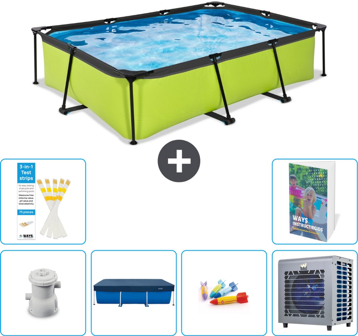 EXIT Rechthoekig Lime Frame Zwembad - 300 x 200 x 65 cm - Inclusief Pomp - Afdekzeil - Speelgoed - Warmtepomp - 7-delig
