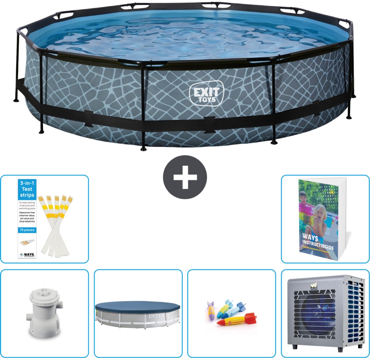 EXIT Rond Stone Frame Zwembad - 360 x 76 cm - Inclusief Pomp - Afdekzeil - Speelgoed - Warmtepomp - 7-delig