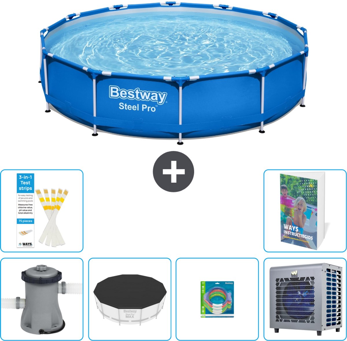 Bestway Rond Steel Pro Zwembad - 366 x 76 cm - Blauw - Inclusief Pomp - Afdekzeil - Speelgoed - Warmtepomp - 7-delig