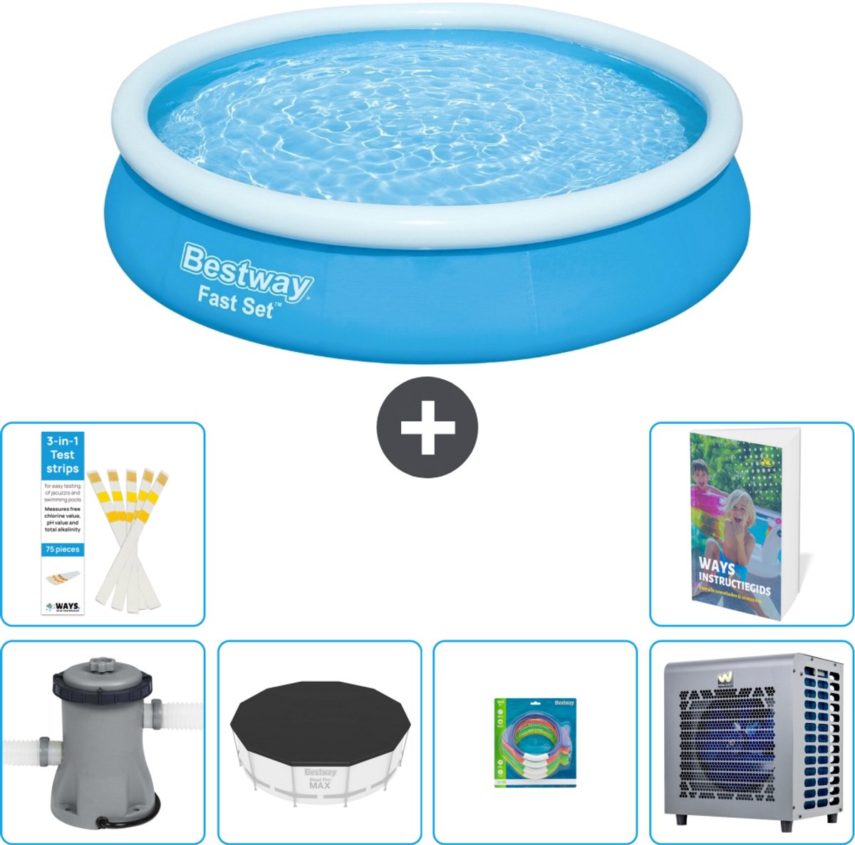 Bestway Rond Opblaasbaar Fast Set Zwembad - 366 x 76 cm - Blauw - Inclusief Pomp - Afdekzeil - Speelgoed - Warmtepomp - 7-delig