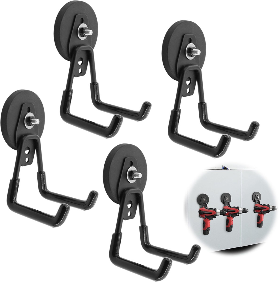 Fokelyi Sterke Magnetische Garagehaken Set Van 4- Roestvrij Stalen J-Haken Wandhangers-Opberghaken Met Afneembare Oog-10kg-Robuuste stalen wandhangers-Zwart