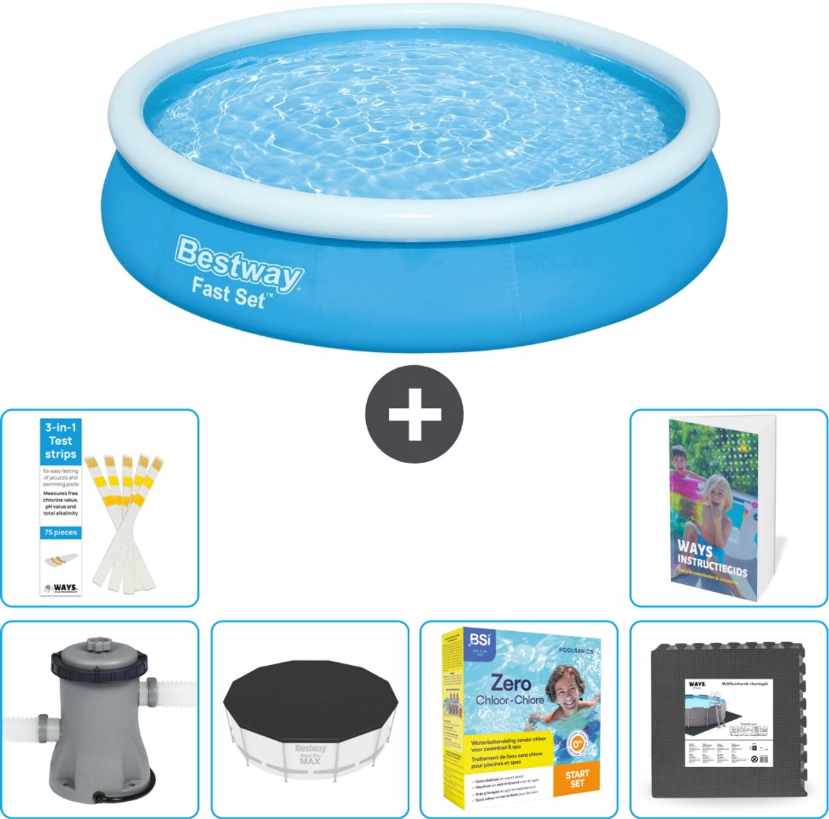 Bestway Rond Opblaasbaar Fast Set Zwembad - 366 x 76 cm - Blauw - Inclusief Pomp - Afdekzeil - Onderhoudspakket - Vloertegels - 7-delig
