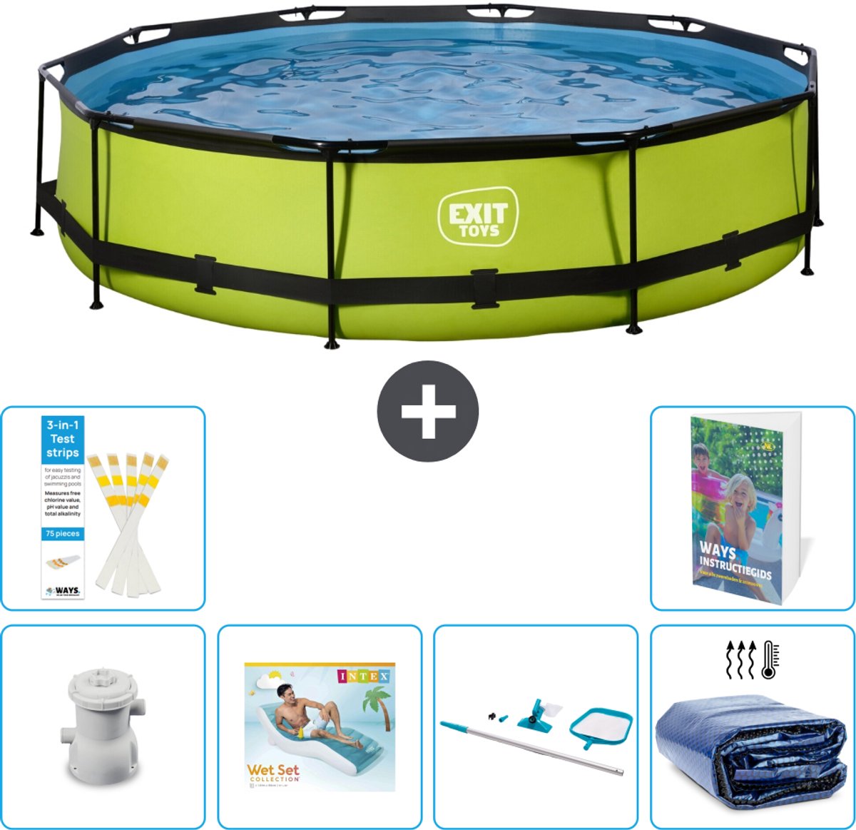 EXIT Rond Lime Frame Zwembad - 360 x 76 cm - Inclusief Pomp - Loungebed - Schoonmaakset - Solarzeil - 7-delig