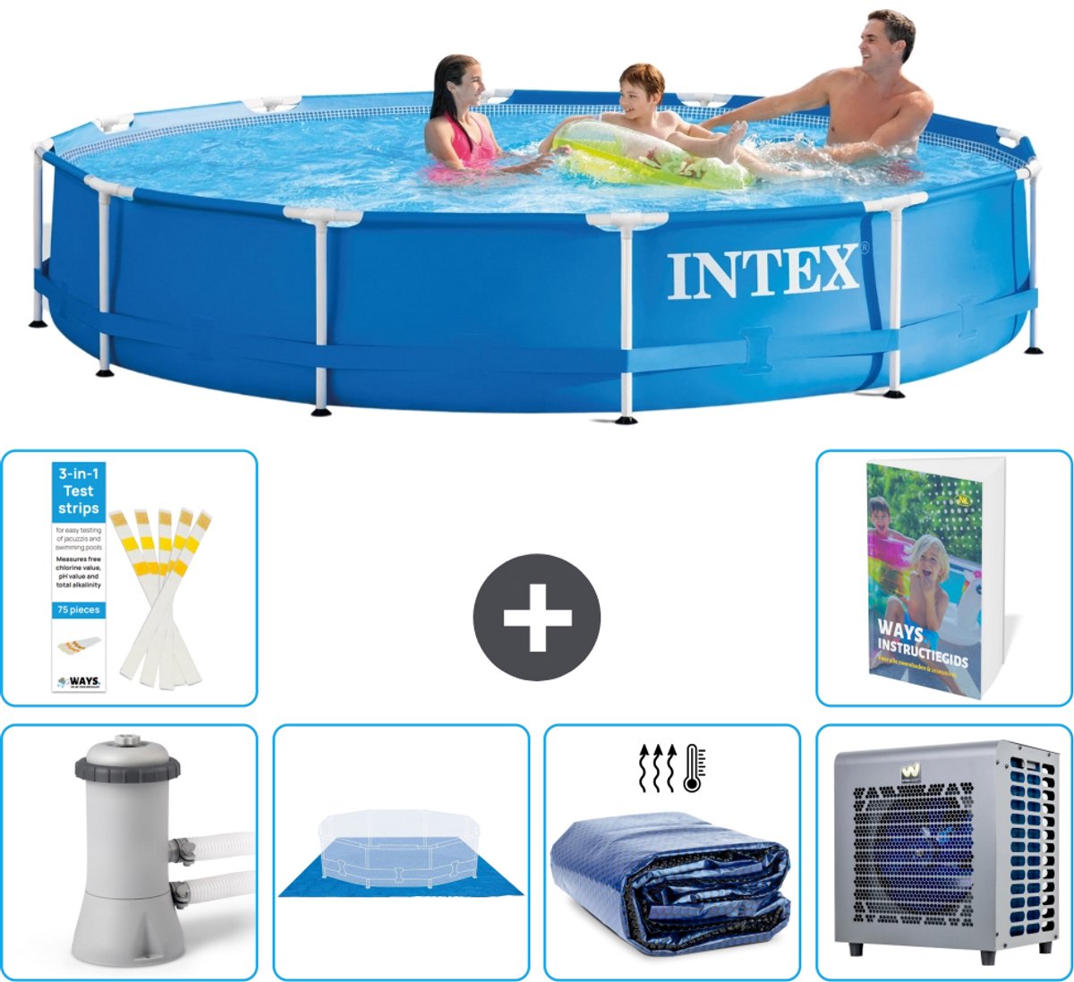 Intex Rond Frame Zwembad - 366 x 76 cm - Blauw - Inclusief Pomp - Grondzeil - Solarzeil - Warmtepomp - 7-delig