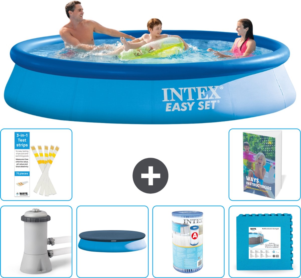 Intex Rond Opblaasbaar Easy Set Zwembad - 366 x 76 cm - Blauw - Inclusief Pomp - Afdekzeil - Filter - Vloertegels - 7-delig