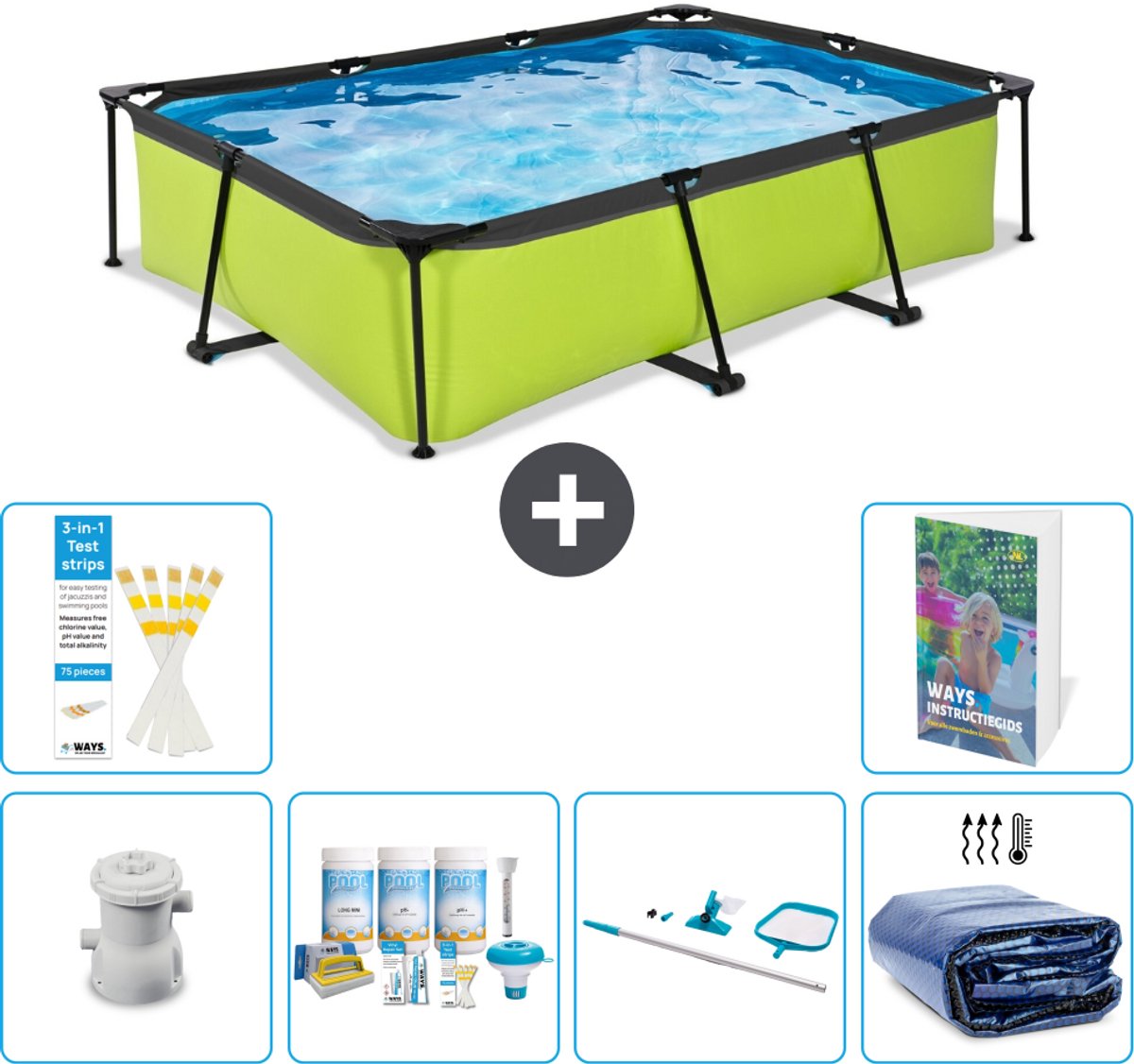 EXIT Rechthoekig Lime Frame Zwembad - 300 x 200 x 65 cm - Inclusief Pomp - Onderhoudspakket - Schoonmaakset - Solarzeil - 7-delig
