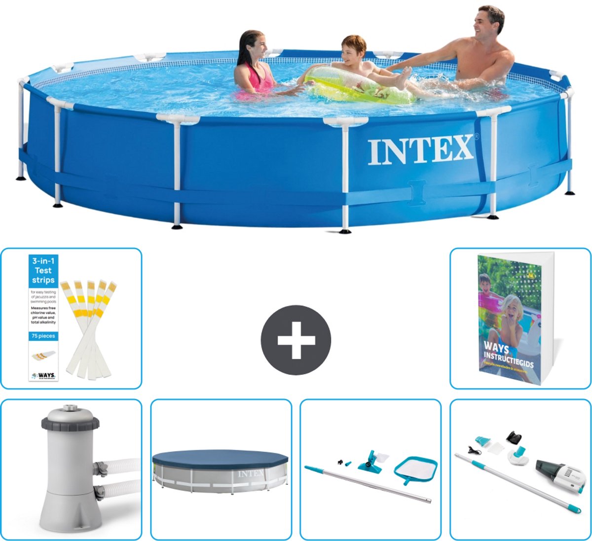 Intex Rond Frame Zwembad - 366 x 76 cm - Blauw - Inclusief Pomp - Afdekzeil - Schoonmaakset - Stofzuiger - 7-delig