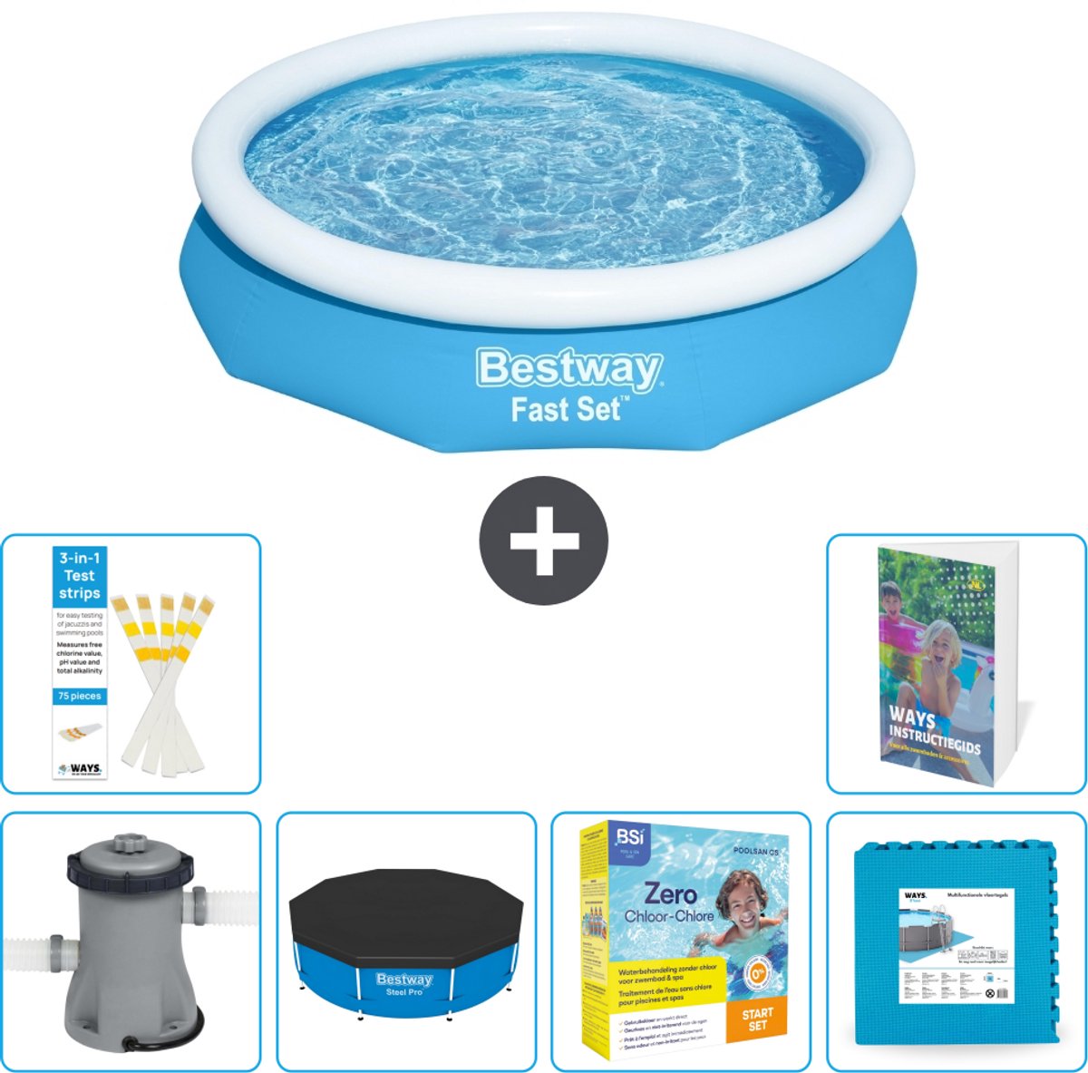 Bestway Rond Opblaasbaar Fast Set Zwembad - 305 x 66 cm - Blauw - Inclusief Pomp - Afdekzeil - Onderhoudspakket - Vloertegels - 7-delig