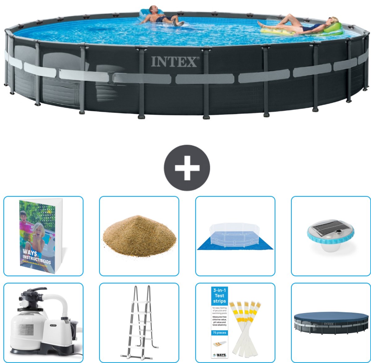 Intex Rond Ultra XTR Frame Zwembad - 732 x 132 cm - Inclusief Pomp - Ladder - Grondzeil - Afdekzeil - Filterzand - Verlichting - 9-delig
