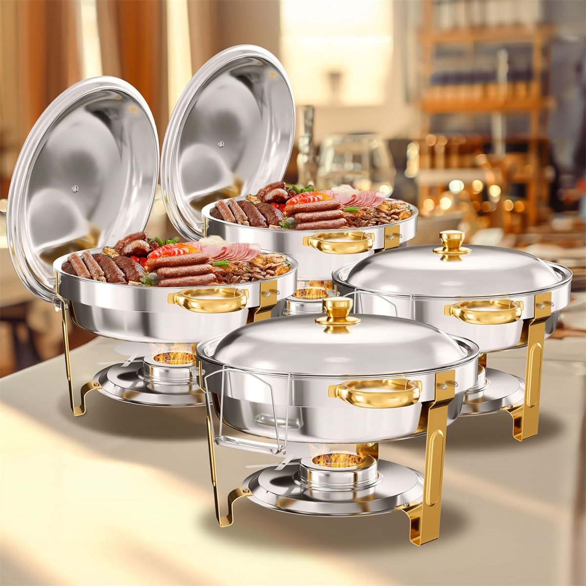 WARMOUNTS Chafing Dish Set 4 Stuks Goud – 4,73L RVS Buffet Warmhoudbak met RVS Deksel en Dekselhouder – Ronde Voedselverwarmer voor Catering, Feest, Bruiloft en Horeca