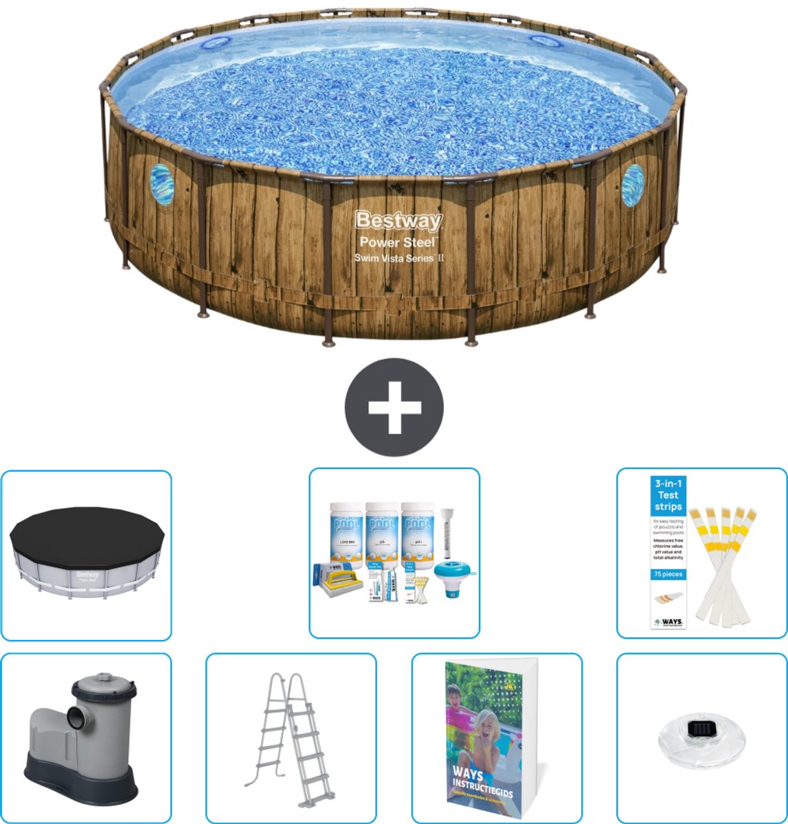 Bestway Rond Power Steel Swim Vista Zwembad - Houtprint - 488 x 122 - Inclusief Pomp - Ladder - Afdekzeil - Onderhoudspakket - Verlichting - 8-delig