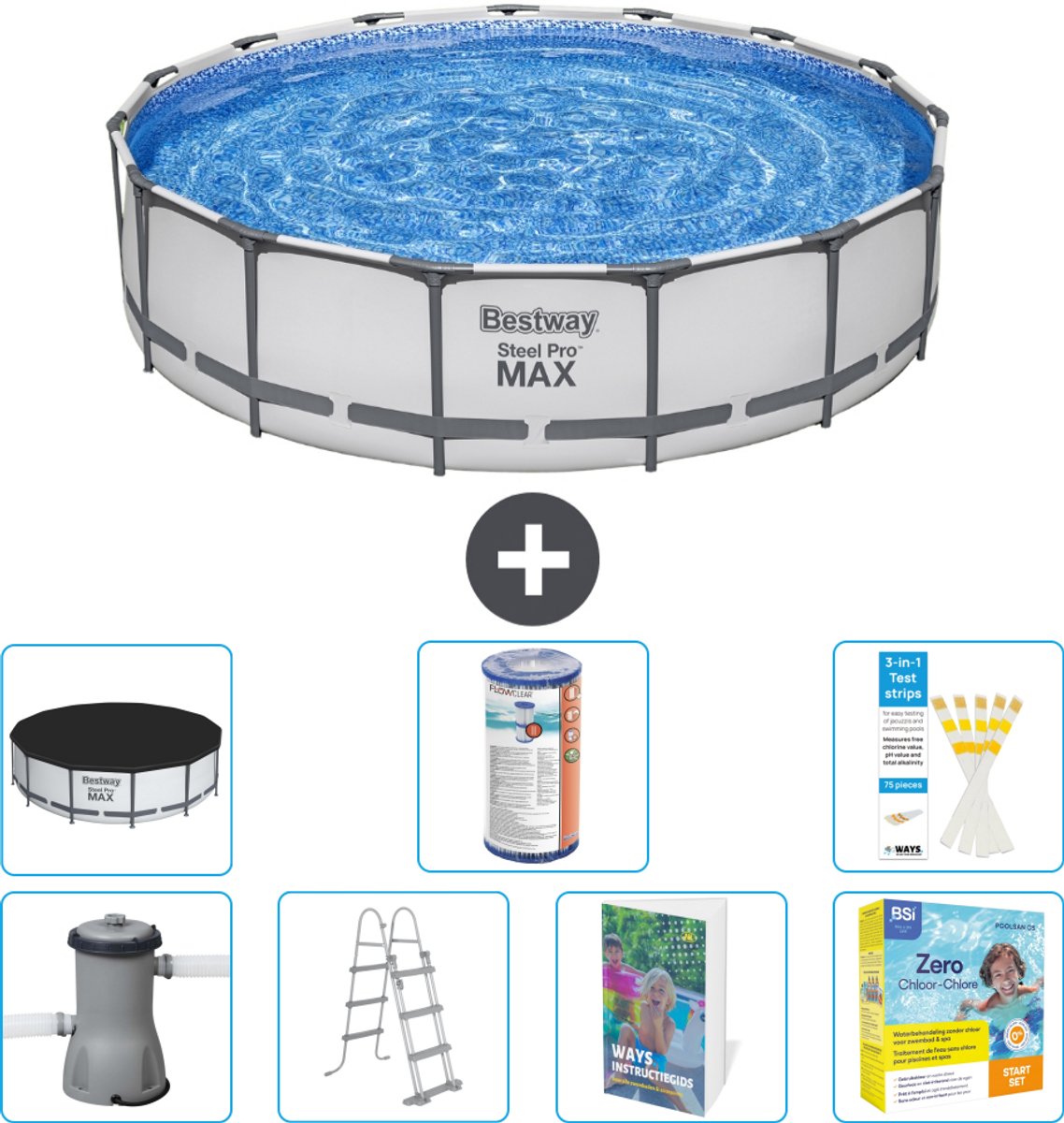 Bestway Rond Steel Pro MAX Zwembad - 457 x 107 cm - Grijs - Inclusief Pomp - Ladder - Afdekzeil - Filter - Onderhoudspakket - 8-delig