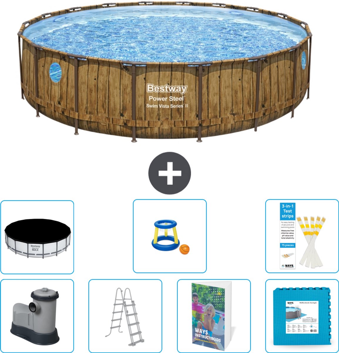 Bestway Rond Power Steel Swim Vista Zwembad - Houtprint - 549 x 122 - Inclusief Pomp - Ladder - Afdekzeil - Speelgoed - Vloertegels - 8-delig
