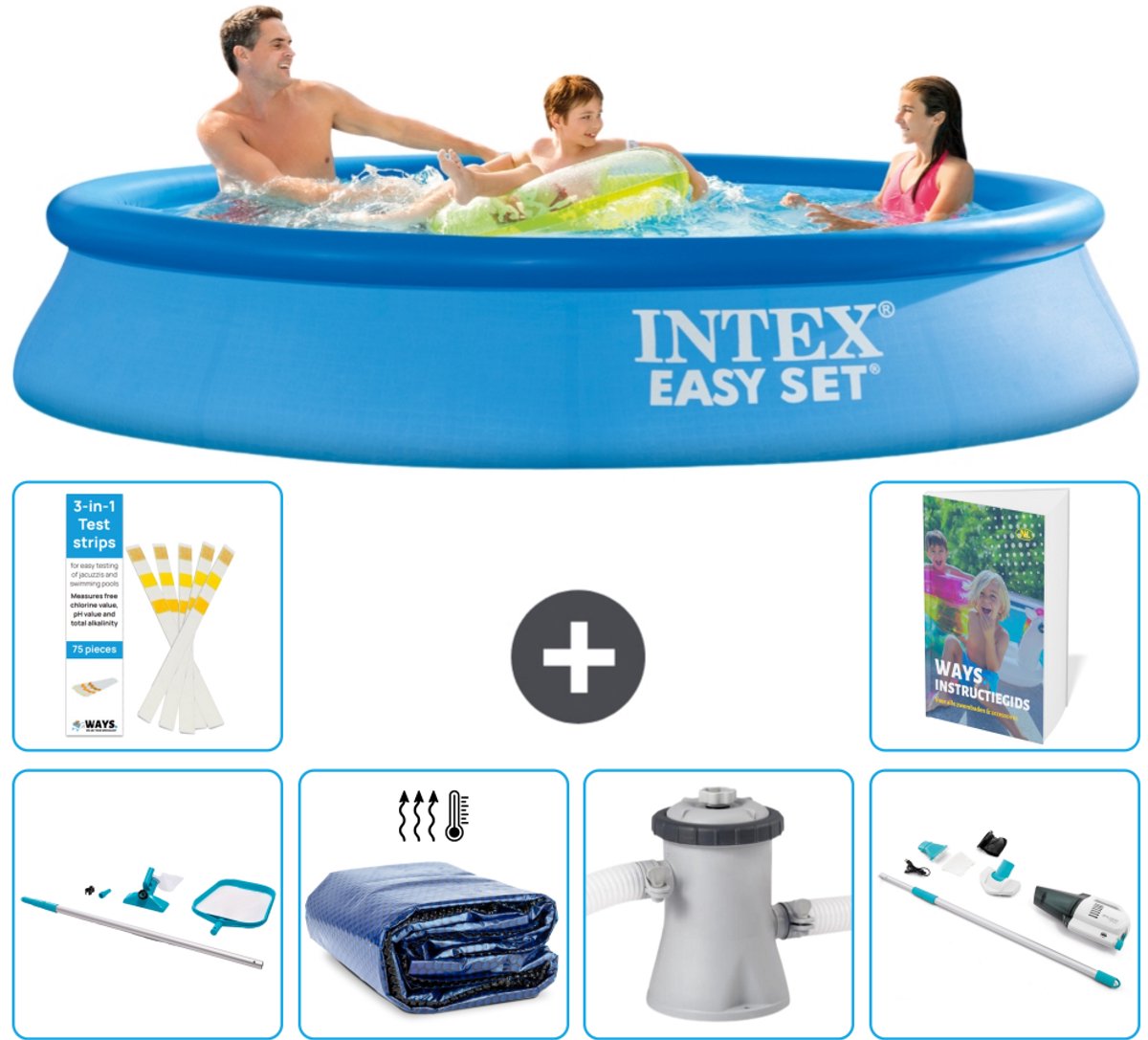 Intex Rond Opblaasbaar Easy Set Zwembad - 305 x 61 cm - Blauw - Inclusief Schoonmaakset - Solarzeil - Zwembadfilterpomp - Stofzuiger - 7-delig