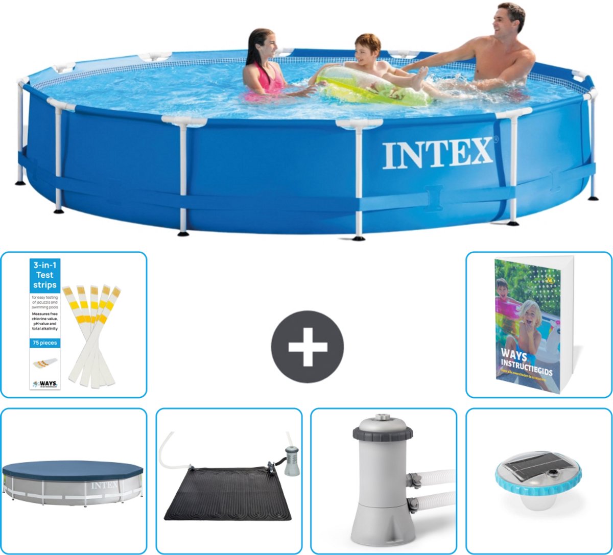 Intex Rond Frame Zwembad - 366 x 76 cm - Blauw - Inclusief Afdekzeil - Solar Mat - Zwembadfilterpomp - Verlichting - 7-delig