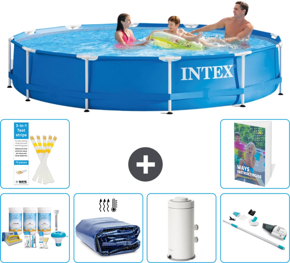 Intex Rond Frame Zwembad - 366 x 76 cm - Blauw - Inclusief Onderhoudspakket - Solarzeil - Zwembadfilterpomp - Stofzuiger - 7-delig