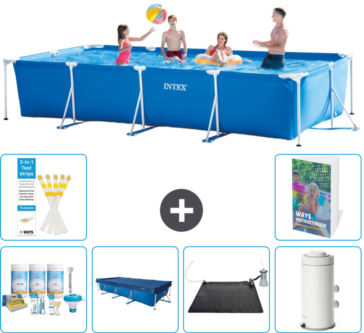 Intex Rechthoekig Frame Zwembad - 450 x 220 x 84 cm - Blauw - Inclusief Onderhoudspakket - Afdekzeil - Solar Mat - Zwembadfilterpomp - 7-delig