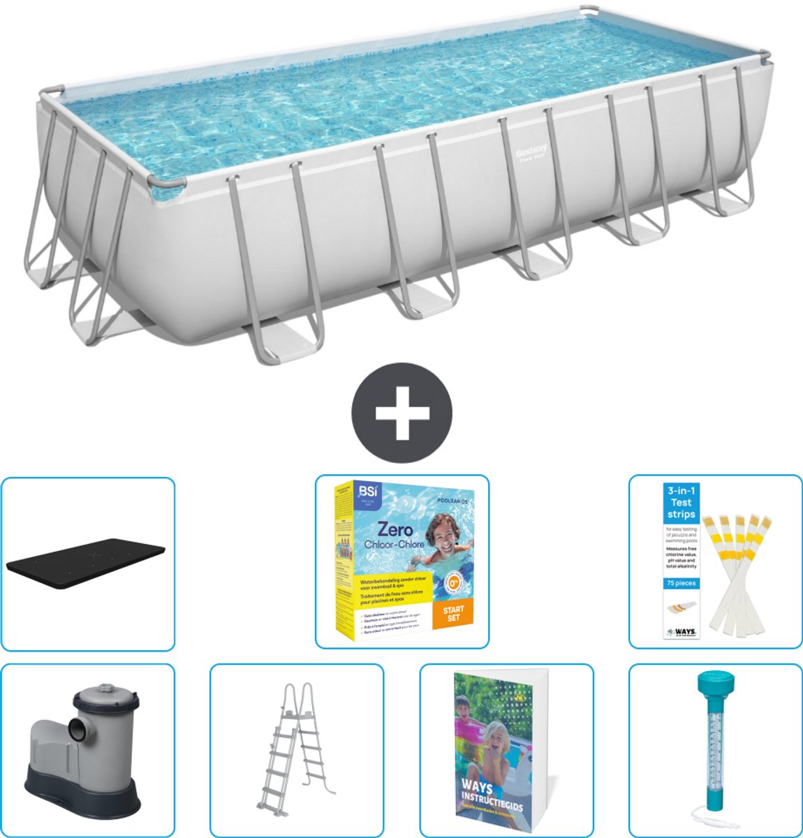 Bestway Rechthoekig Power Steel Zwembad - 640 x 274 x 132 - Grijs - Inclusief Pomp - Ladder - Afdekzeil - Onderhoudspakket - Thermometer - 8-delig