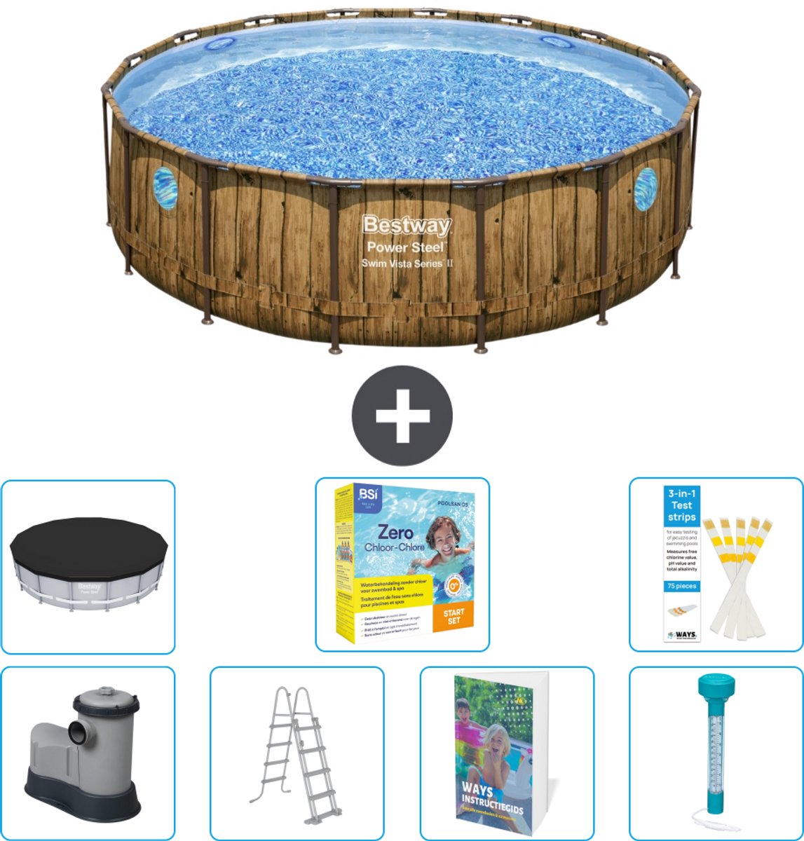 Bestway Rond Power Steel Swim Vista Zwembad - Houtprint - 488 x 122 - Inclusief Pomp - Ladder - Afdekzeil - Onderhoudspakket - Thermometer - 8-delig