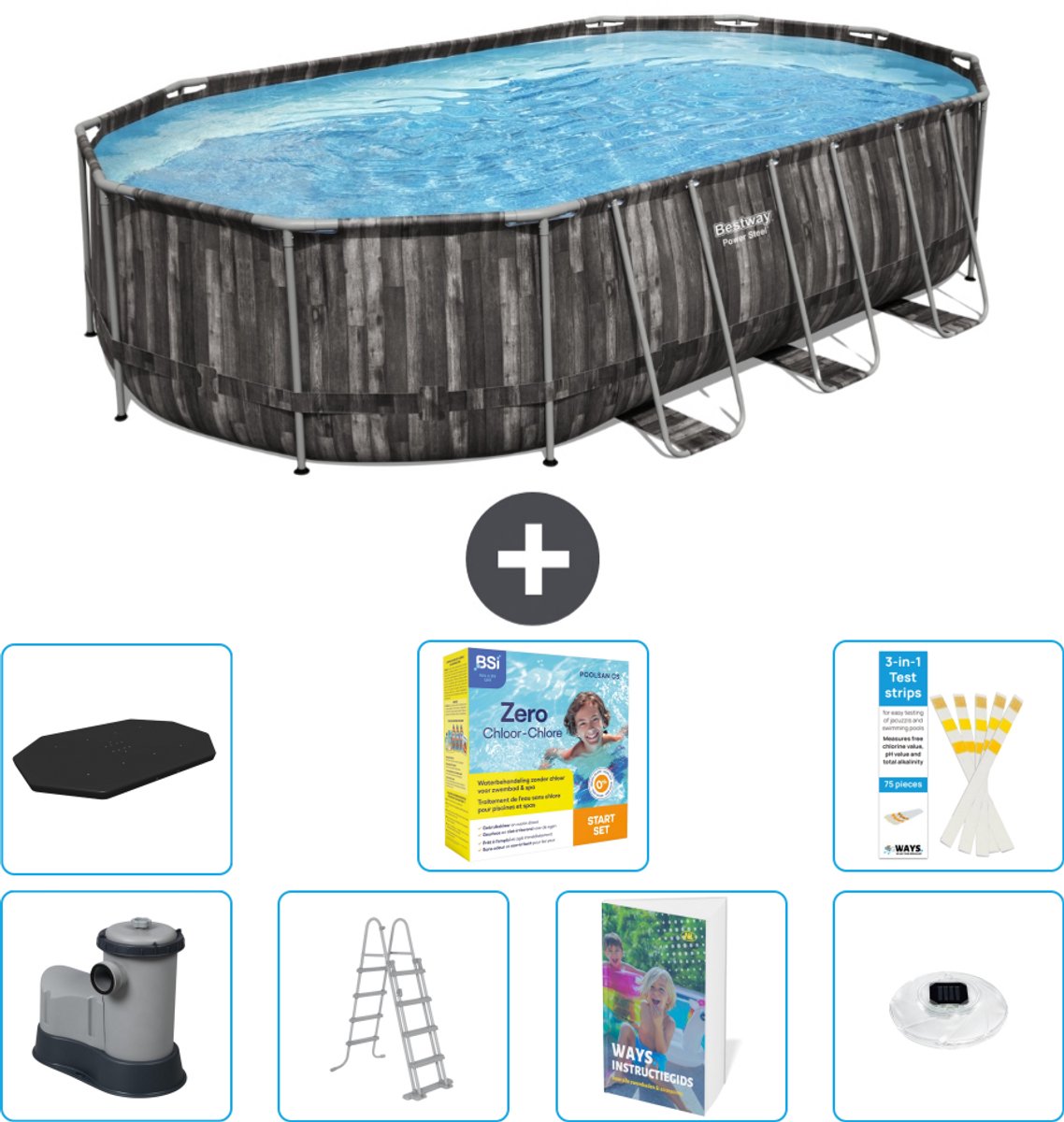 Bestway Ovaal Power Steel Zwembad - 610 x 366 x 122 - Grijs - Inclusief Pomp - Ladder - Afdekzeil - Onderhoudspakket - Verlichting - 8-delig