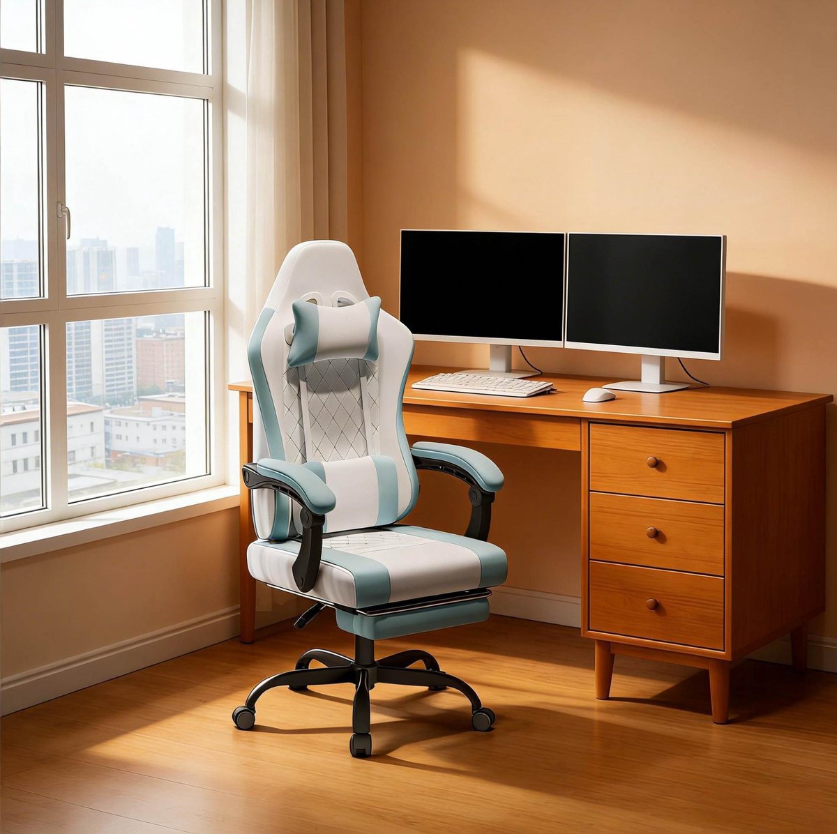 REDOM- Bureaustoel / Gamingstoel - Ergonomisch - Draaibaar - Massage lendenkussen - Verstelbare hoogte - Mesh - Blauw/Wit - 70 x 70 x 127 cm