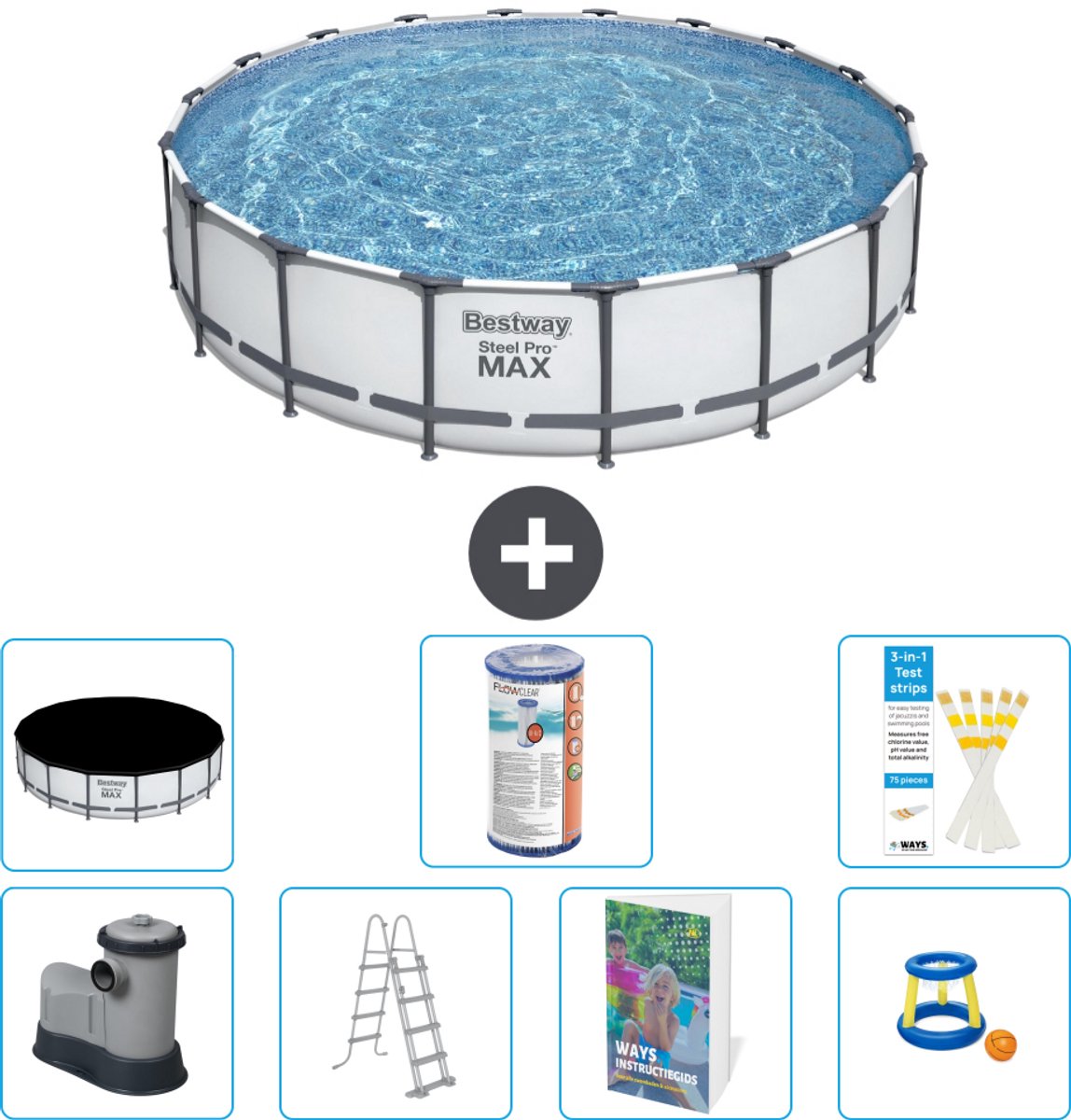 Bestway Rond Steel Pro MAX Zwembad - 549 x 122 cm - Grijs - Inclusief Pomp - Ladder - Afdekzeil - Filter - Speelgoed - 8-delig