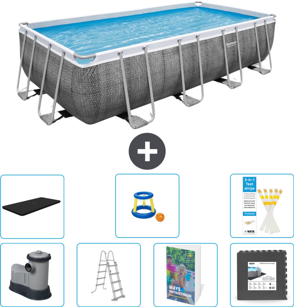 Bestway Rechthoekig Power Steel Zwembad - Rattanprint - 549 x 274 x 122 - Inclusief Pomp - Ladder - Afdekzeil - Speelgoed - Vloertegels - 8-delig