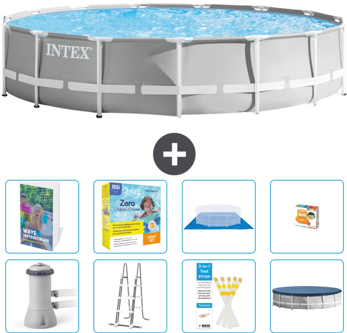 Intex Rond Prism Frame Zwembad - 457 x 107 cm - Grijs - Inclusief Pomp - Ladder - Grondzeil - Afdekzeil - Onderhoudspakket - Speelgoed - 9-delig