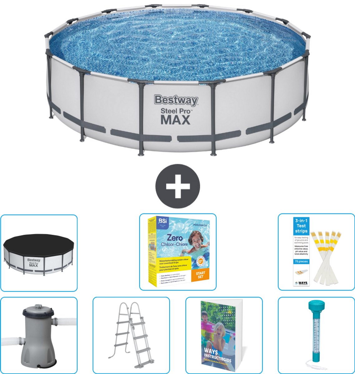 Bestway Rond Steel Pro MAX Zwembad - 427 x 107 cm - Grijs - Inclusief Pomp - Ladder - Afdekzeil - Onderhoudspakket - Thermometer - 8-delig
