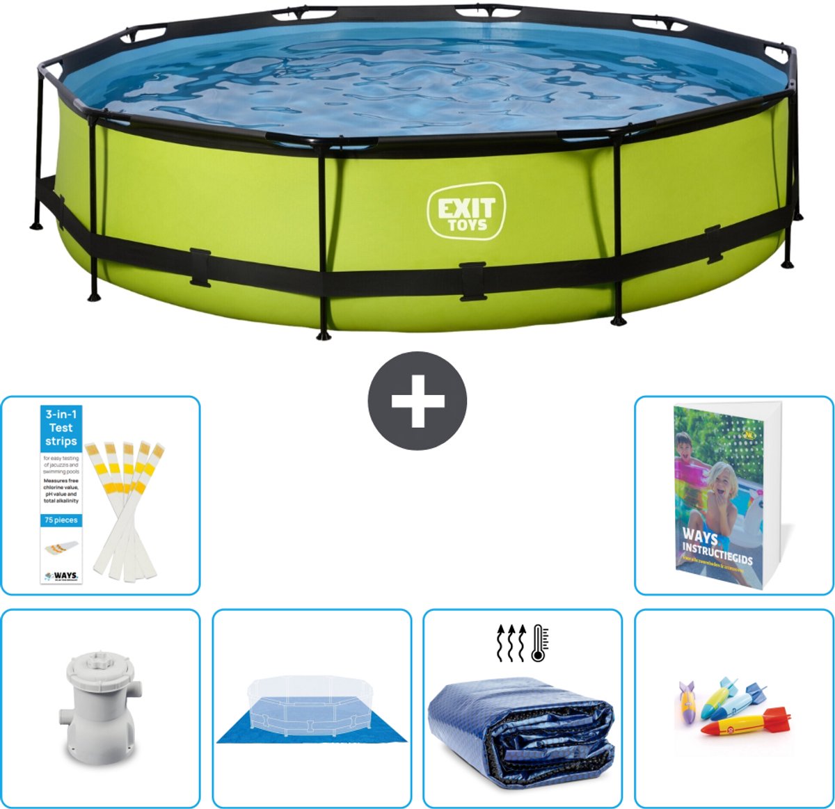 EXIT Rond Lime Frame Zwembad - 360 x 76 cm - Inclusief Pomp - Grondzeil - Solarzeil - Speelgoed - 7-delig