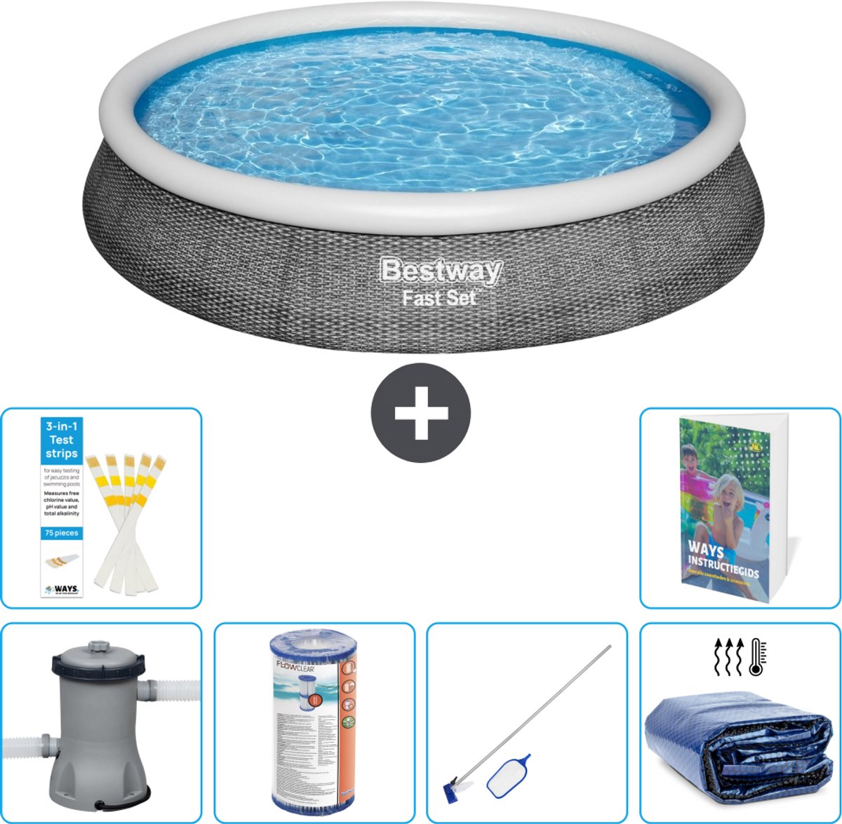 Bestway Rond Opblaasbaar Fast Set Zwembad - Rotanprint - 396 x 84 cm - Inclusief Pomp - Filter - Schoonmaakset - Solarzeil - 7-delig