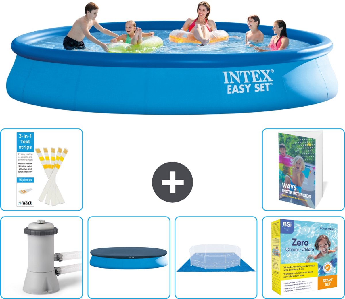 Intex Rond Opblaasbaar Easy Set Zwembad - 457 x 84 cm - Blauw - Inclusief Pomp - Afdekzeil - Grondzeil - Onderhoudspakket - 7-delig