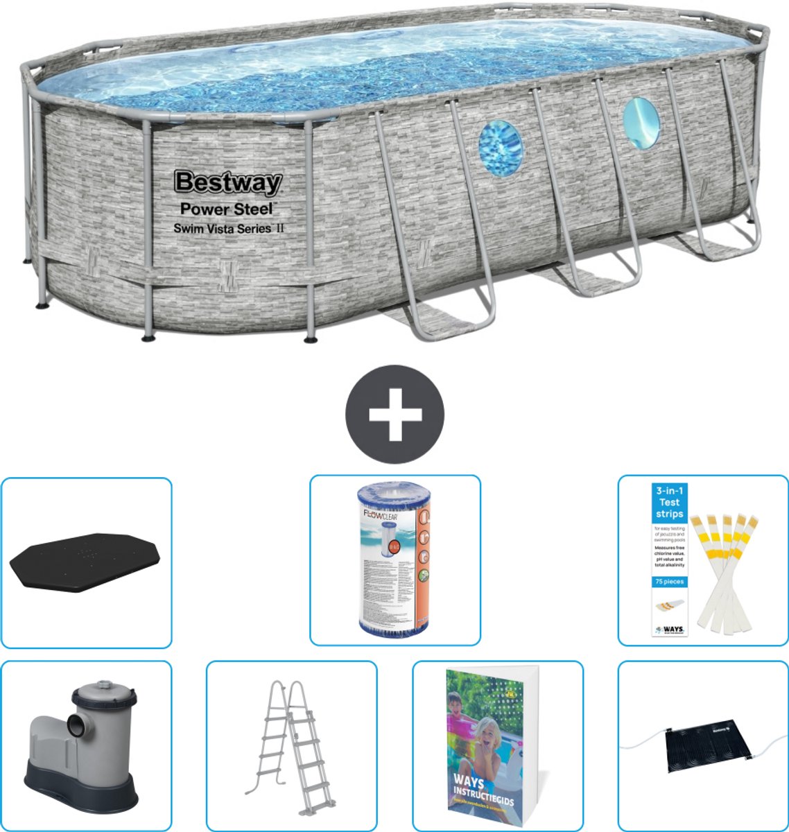 Bestway Ovaal Power Steel Swim Vista Zwembad - Steenprint - 549 x 274 x 122 - Inclusief Pomp - Ladder - Afdekzeil - Filter - Solar Mat - 8-delig