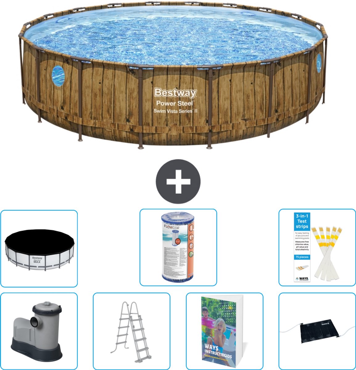 Bestway Rond Power Steel Swim Vista Zwembad - Houtprint - 549 x 122 - Inclusief Pomp - Ladder - Afdekzeil - Filter - Solar Mat - 8-delig