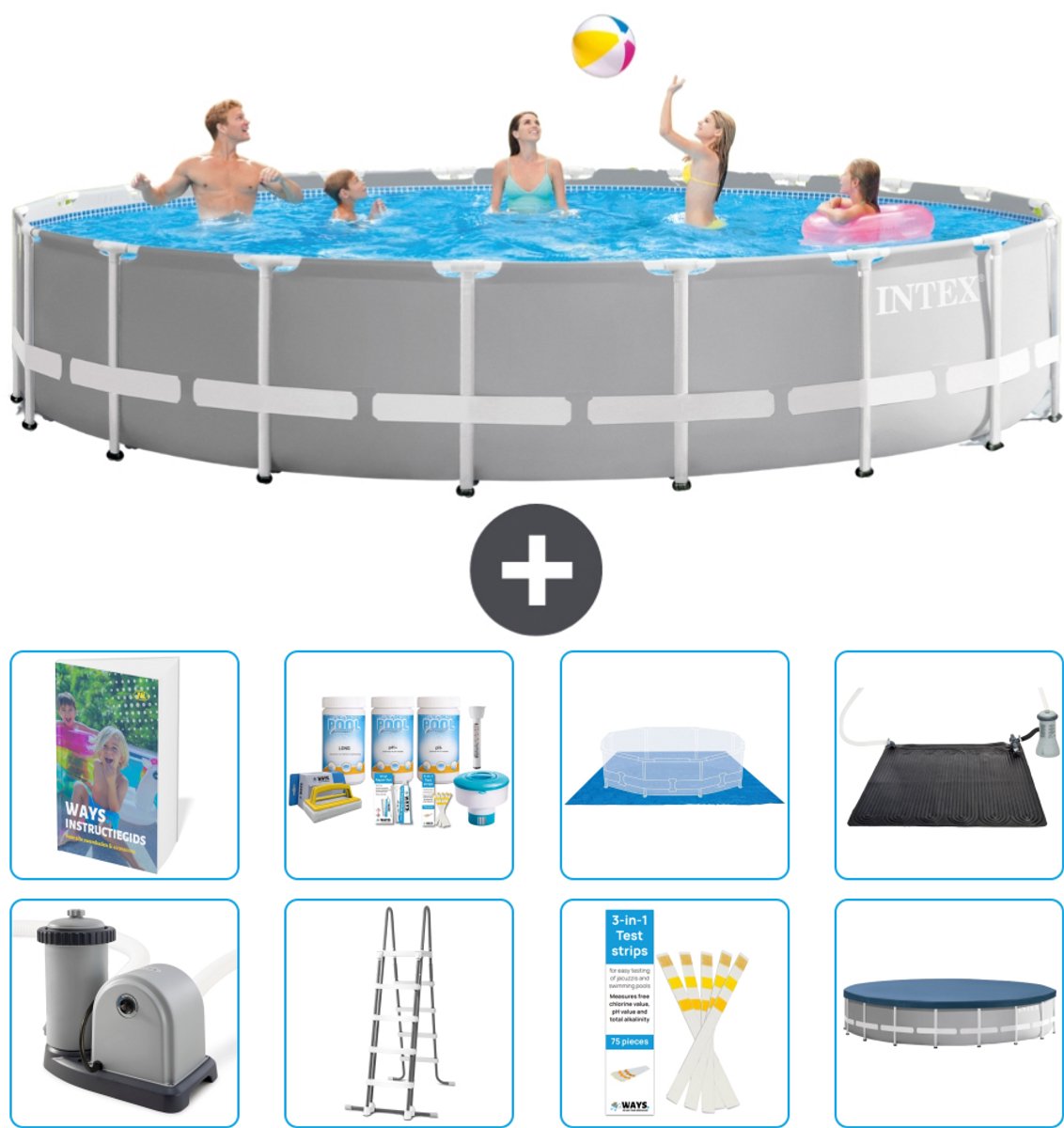 Intex Rond Prism Frame Zwembad - 610 x 132 cm - Grijs - Inclusief Pomp - Ladder - Grondzeil - Afdekzeil - Onderhoudspakket - Solar Mat - 9-delig