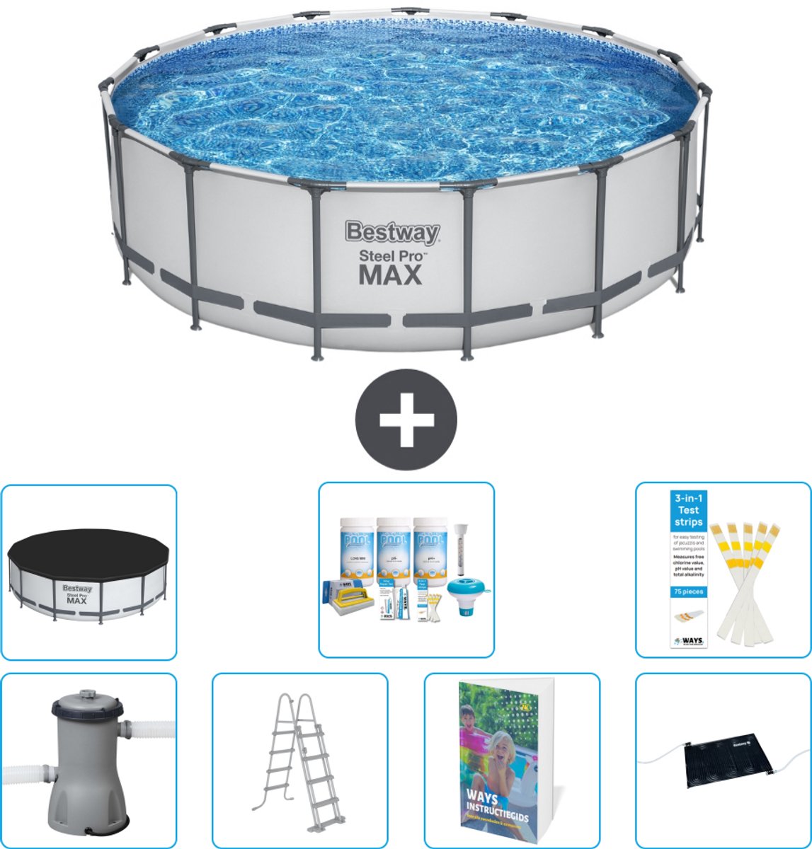 Bestway Rond Steel Pro MAX Zwembad - 457 x 122 cm - Grijs - Inclusief Pomp - Ladder - Afdekzeil - Onderhoudspakket - Solar Mat - 8-delig