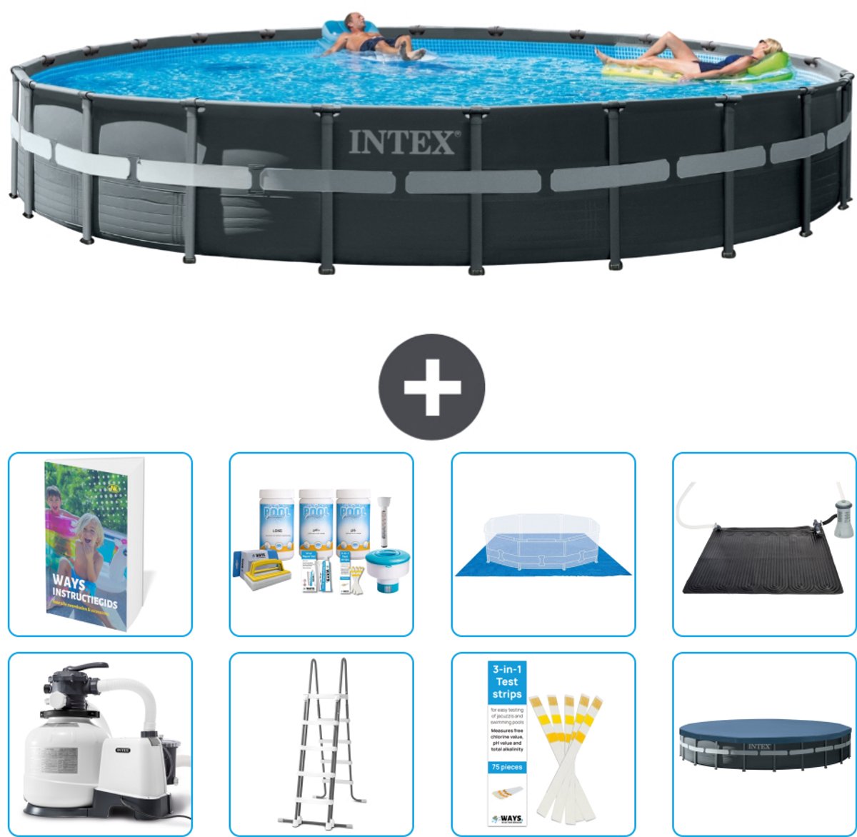 Intex Rond Ultra XTR Frame Zwembad - 732 x 132 cm - Inclusief Pomp - Ladder - Grondzeil - Afdekzeil - Onderhoudspakket - Solar Mat - 9-delig