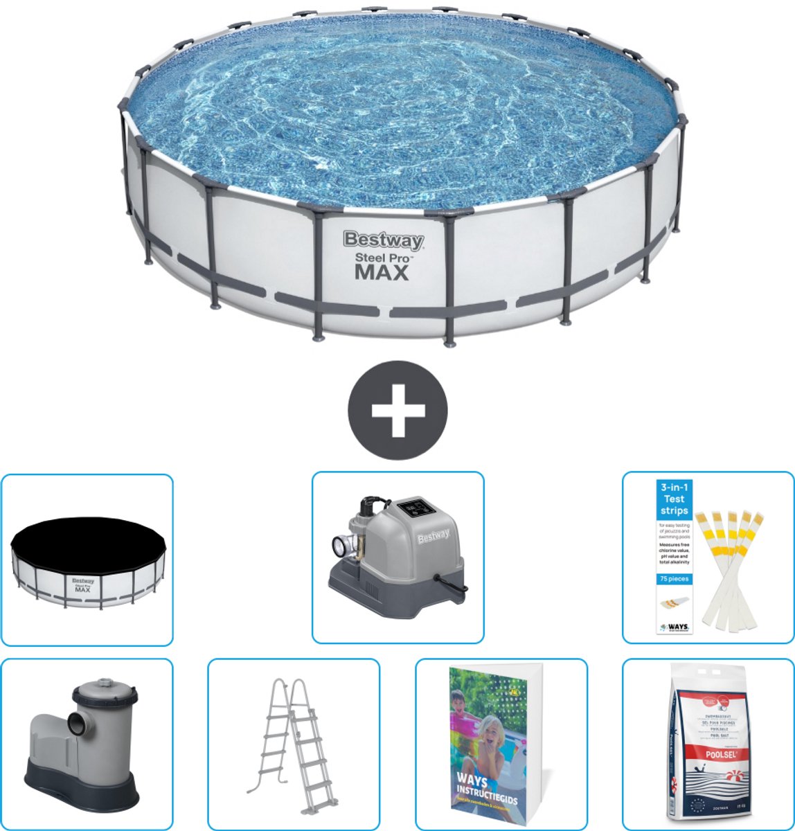 Bestway Rond Steel Pro MAX Zwembad - 549 x 122 cm - Grijs - Inclusief Pomp - Ladder - Afdekzeil - Zoutwatersysteem - Zwembadzout - 8-delig