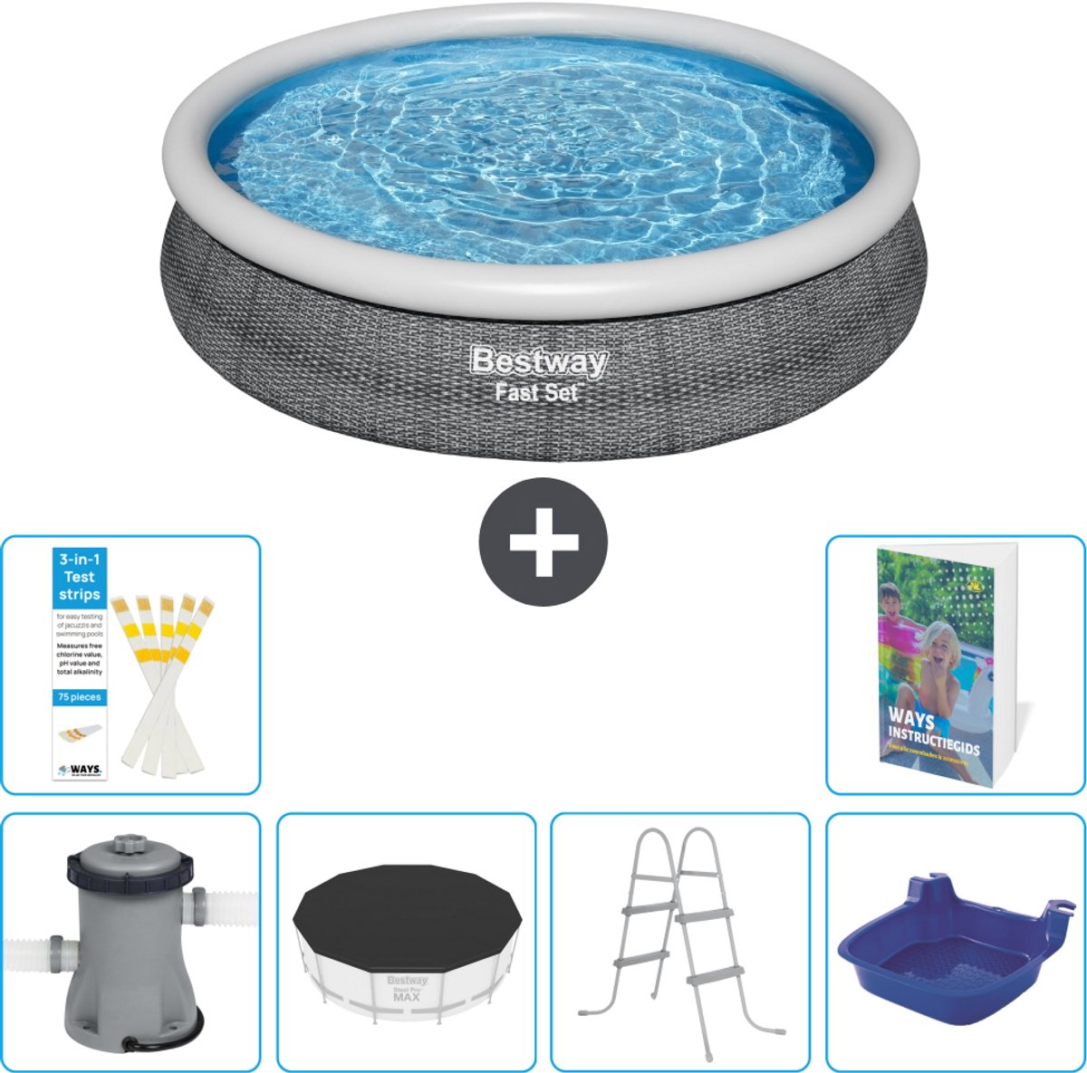Bestway Rond Opblaasbaar Fast Set Zwembad - Rotanprint - 366 x 76 cm - Inclusief Pomp - Afdekzeil - Ladder - Voetenbad - 7-delig