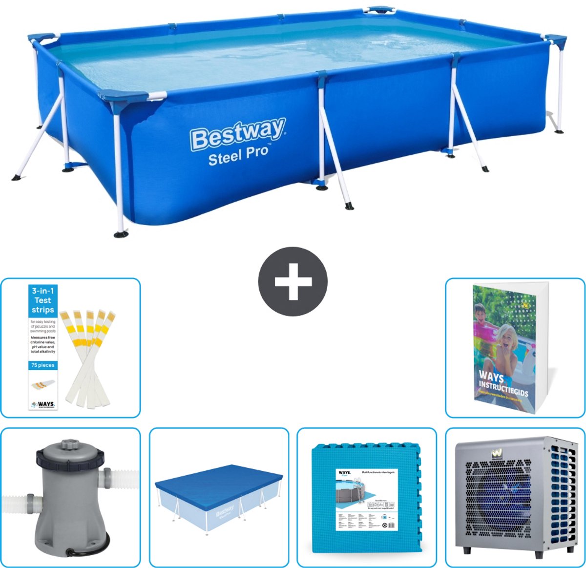 Bestway Rechthoekig Steel Pro Zwembad - 300 x 201 x 66 cm - Blauw - Inclusief Pomp - Afdekzeil - Vloertegels - Warmtepomp - 7-delig