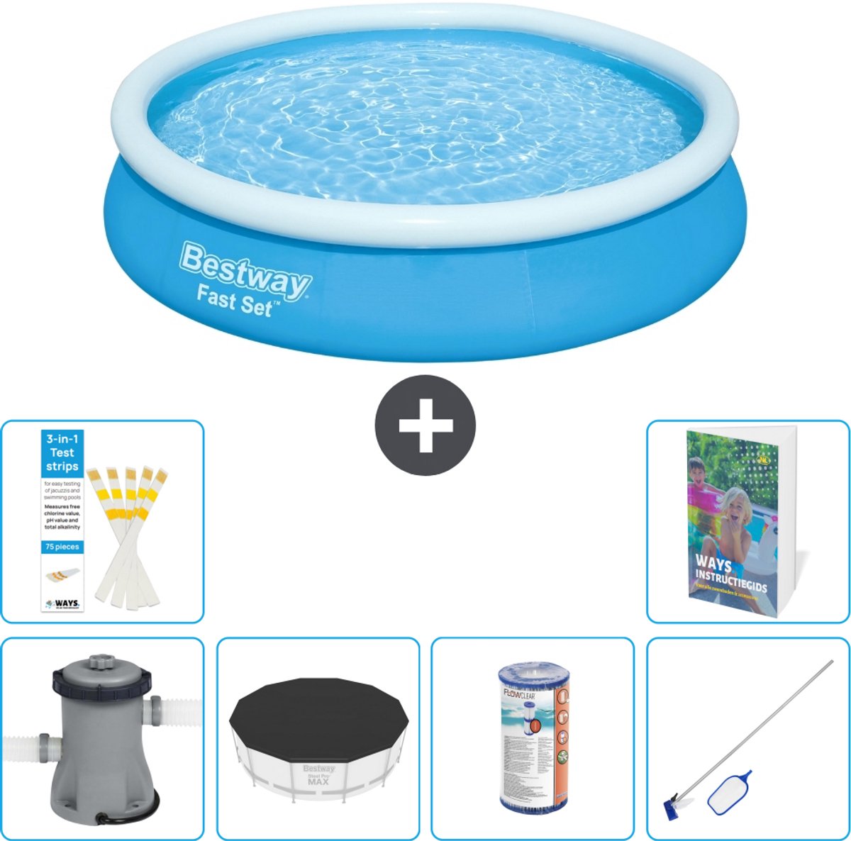 Bestway Rond Opblaasbaar Fast Set Zwembad - 366 x 76 cm - Blauw - Inclusief Pomp - Afdekzeil - Filter - Schoonmaakset - 7-delig