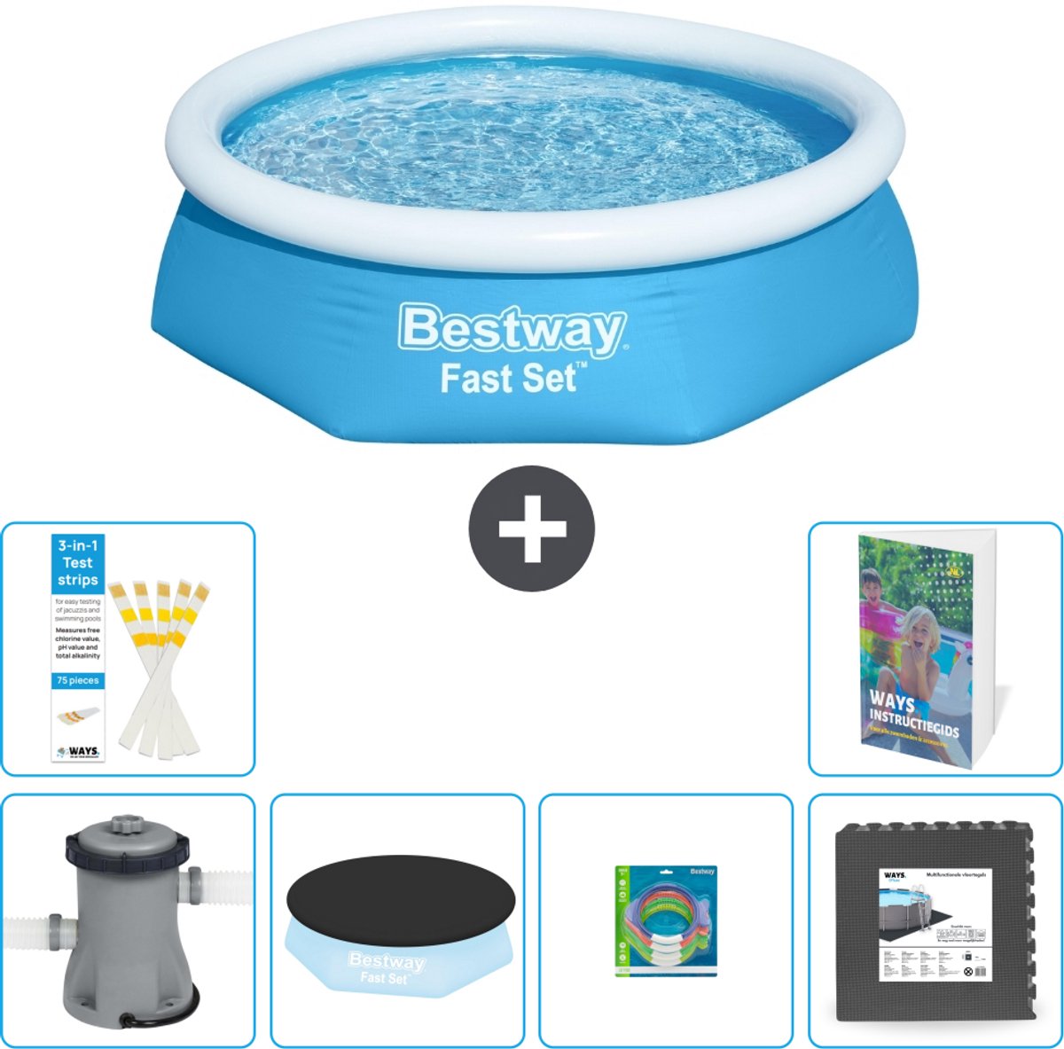 Bestway Rond Opblaasbaar Fast Set Zwembad - 244 x 61 cm - Blauw - Inclusief Pomp - Afdekzeil - Speelgoed - Vloertegels - 7-delig