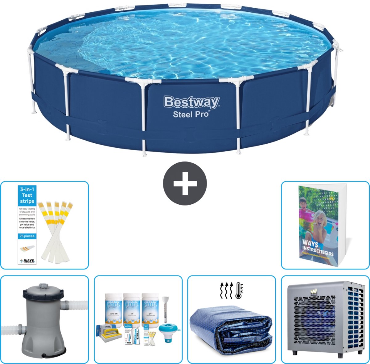 Bestway Rond Steel Pro Zwembad - 396 x 84 cm - Blauw - Inclusief Pomp - Onderhoudspakket - Solarzeil - Warmtepomp - 7-delig