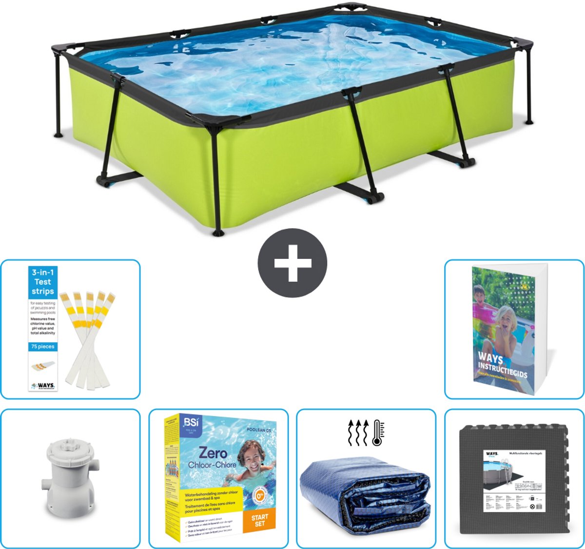 EXIT Rechthoekig Lime Frame Zwembad - 300 x 200 x 65 cm - Inclusief Pomp - Onderhoudspakket - Solarzeil - Vloertegels - 7-delig