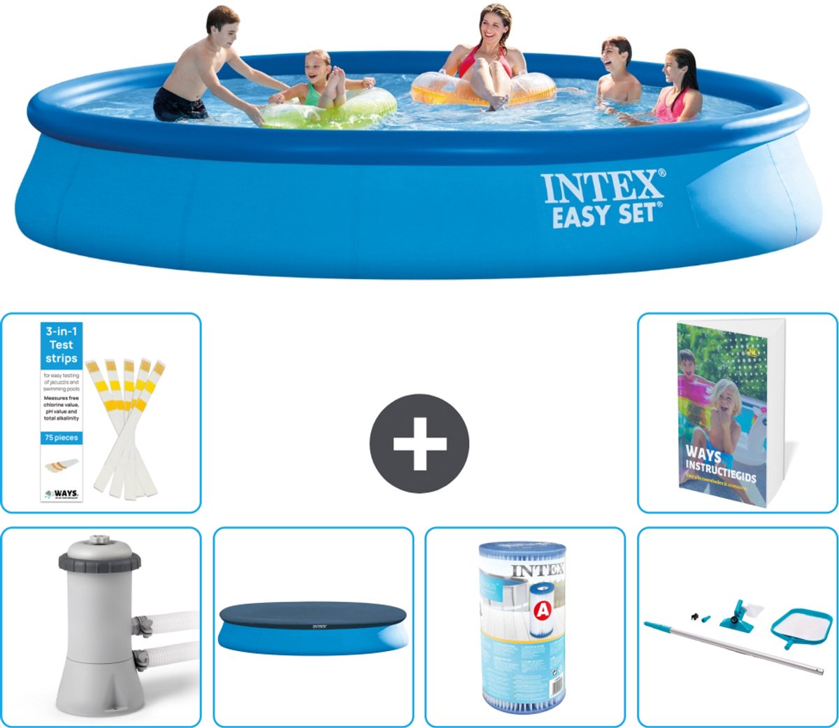 Intex Rond Opblaasbaar Easy Set Zwembad – 457 x 84 cm – Blauw – Inclusief Pomp – Afdekzeil – Filter – Schoonmaakset – 7-delig