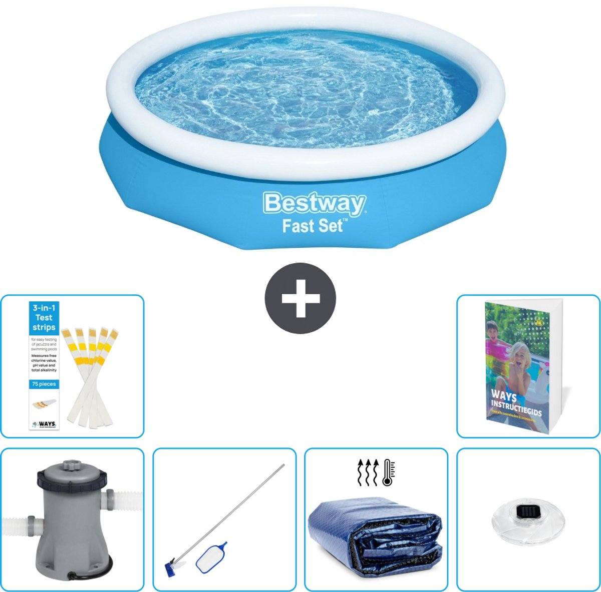 Bestway Rond Opblaasbaar Fast Set Zwembad - 305 x 66 cm - Blauw - Inclusief Pomp - Schoonmaakset - Solarzeil - Verlichting - 7-delig
