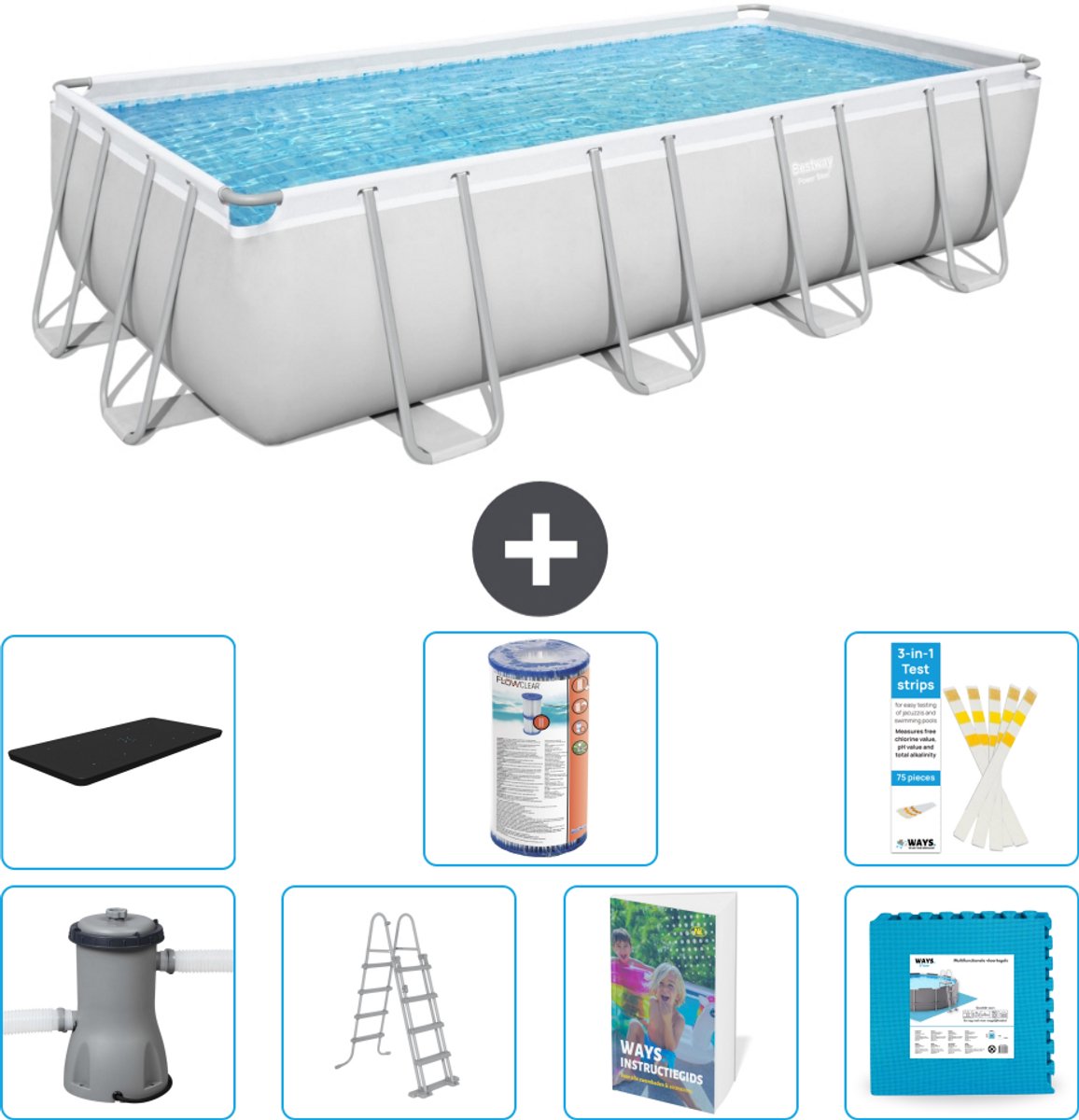 Bestway Rechthoekig Power Steel Zwembad - 488 x 244 x 122 - Grijs Inclusief Pomp - Ladder - Afdekzeil - Filter - Vloertegels - 8-delig