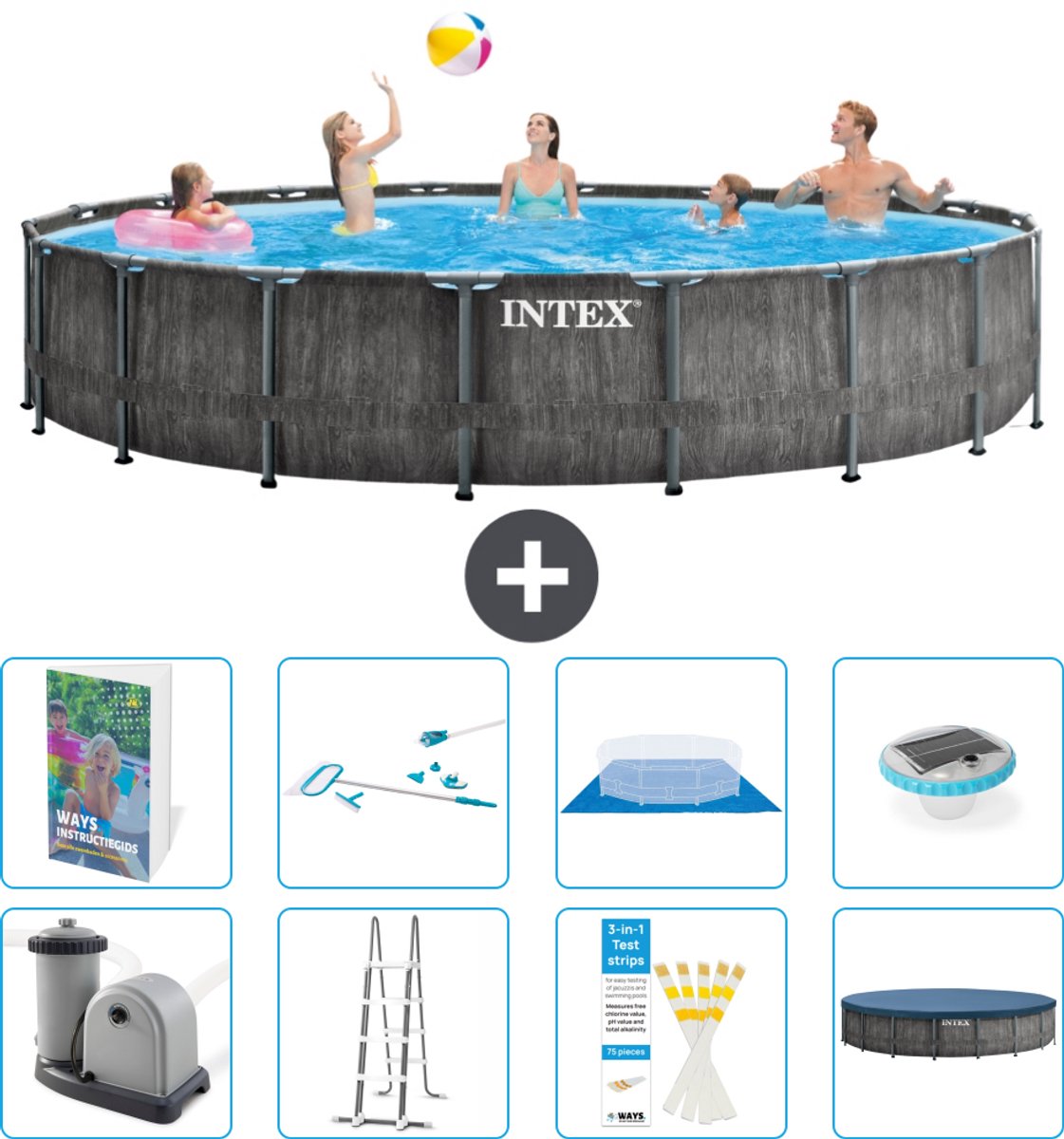 Intex Rond Prism Frame Greywood Zwembad - 549 x 122 cm - Inclusief Pomp - Ladder - Grondzeil - Afdekzeil - Schoonmaakset - Verlichting - 9-delig
