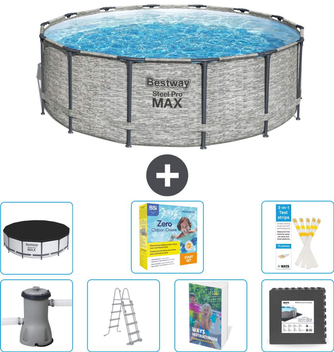 Bestway Rond Steel Pro MAX Zwembad - Steenprint - 427 x 122 cm - Inclusief Pomp - Ladder - Afdekzeil - Onderhoudspakket - Vloertegels - 8-delig